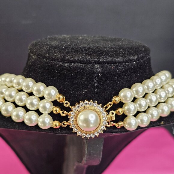 Vintage Faux Pearl Triple Strand Necklace With Ornate Gold Tone Clasp Choker - Picture 6 of 10